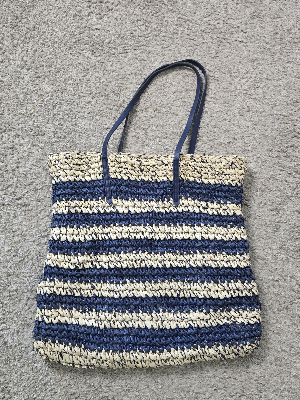 Straw Tote Bag Woven Metallic Navy Blue Striped Beach Summer Shoulder Purse